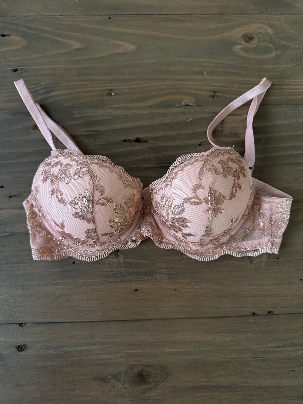 Gorgeous VS Dream Angels Pink with Metallic Gold Lace  Underwire Bra